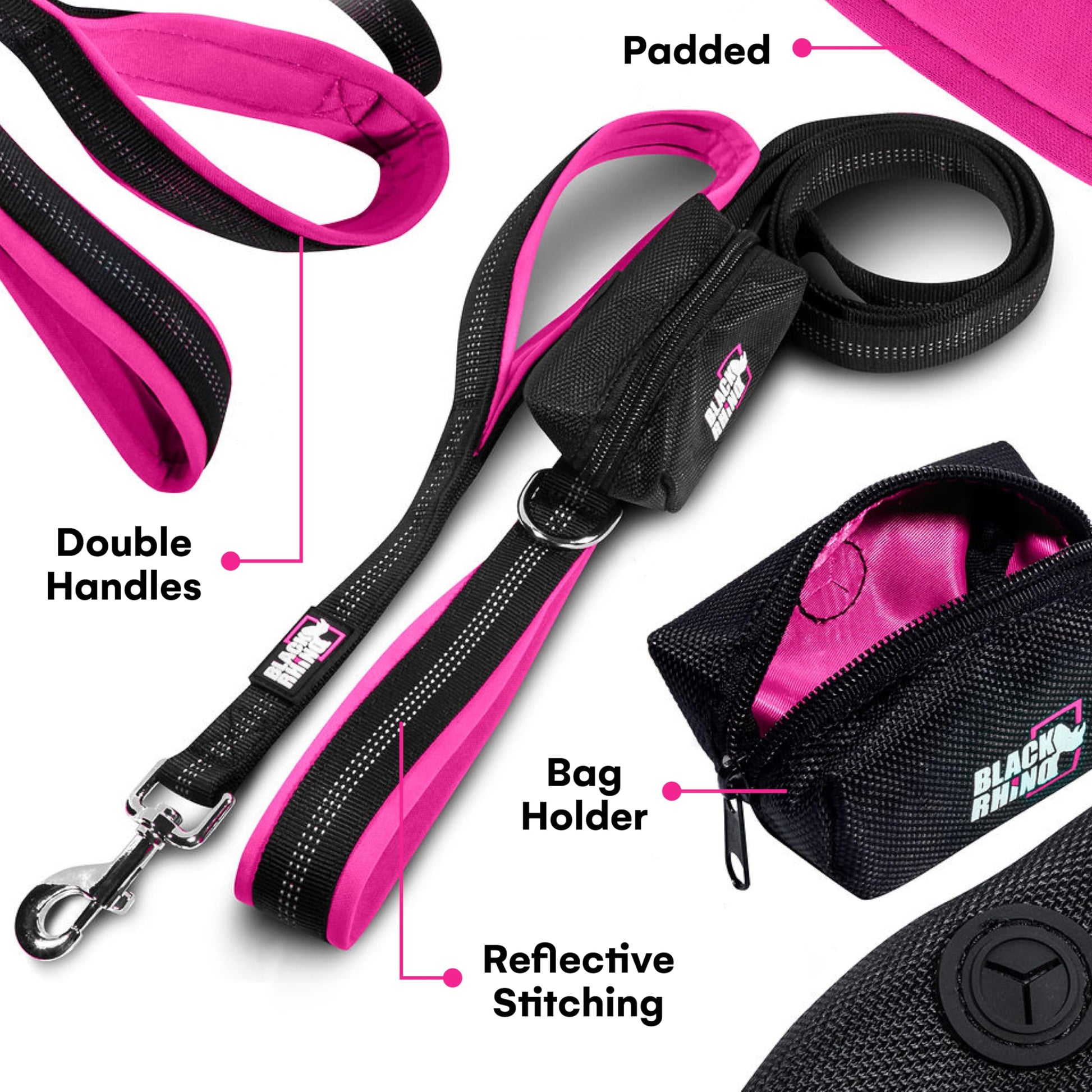Black Rhino Heavy-Duty Dog Leash – 6ft Double Handle Lead with Padded Traffic Grip (Pink)