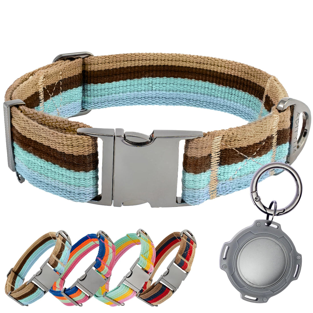 ADITYNA Cotton Dog Collar – With AirTag Holder & Metal Buckle (Ocean Breeze, 15–21”) - Fenidog