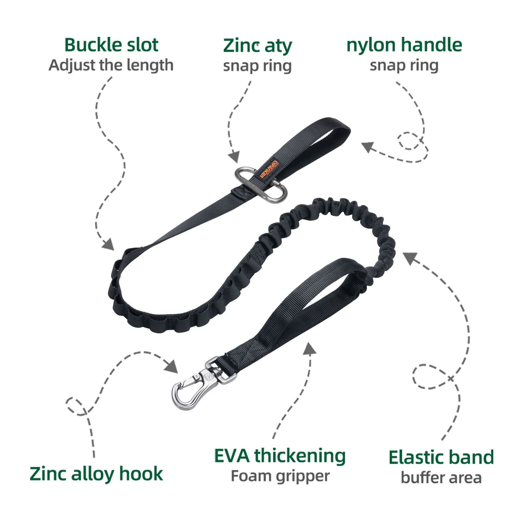 EXCELLENT ELITE SPANKER Tactical Dog Leash – Bungee Lead with Quick Release & Control Handles (Black) - Fenidog