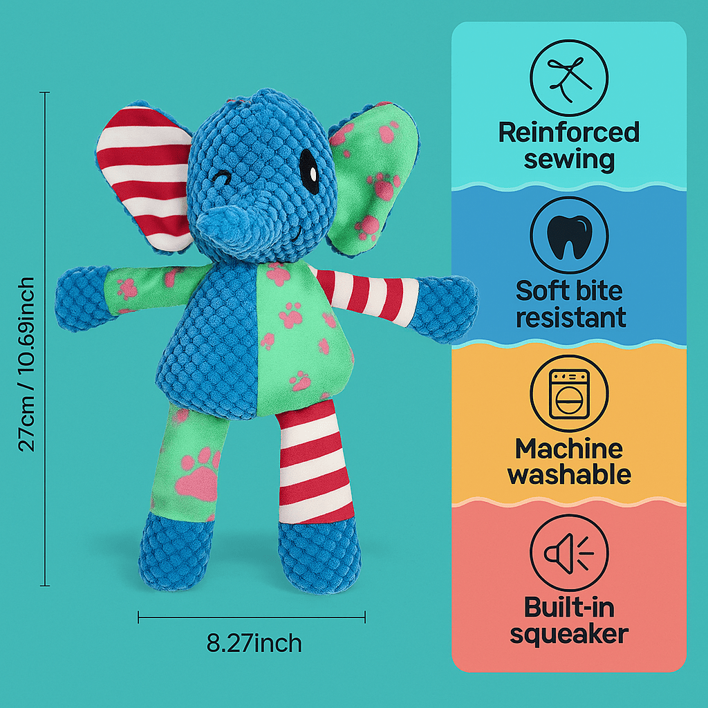 FENIDOG Plush Elephant, Dog Toy – Squeaky, Soft & Durable for All Breeds - Fenidog