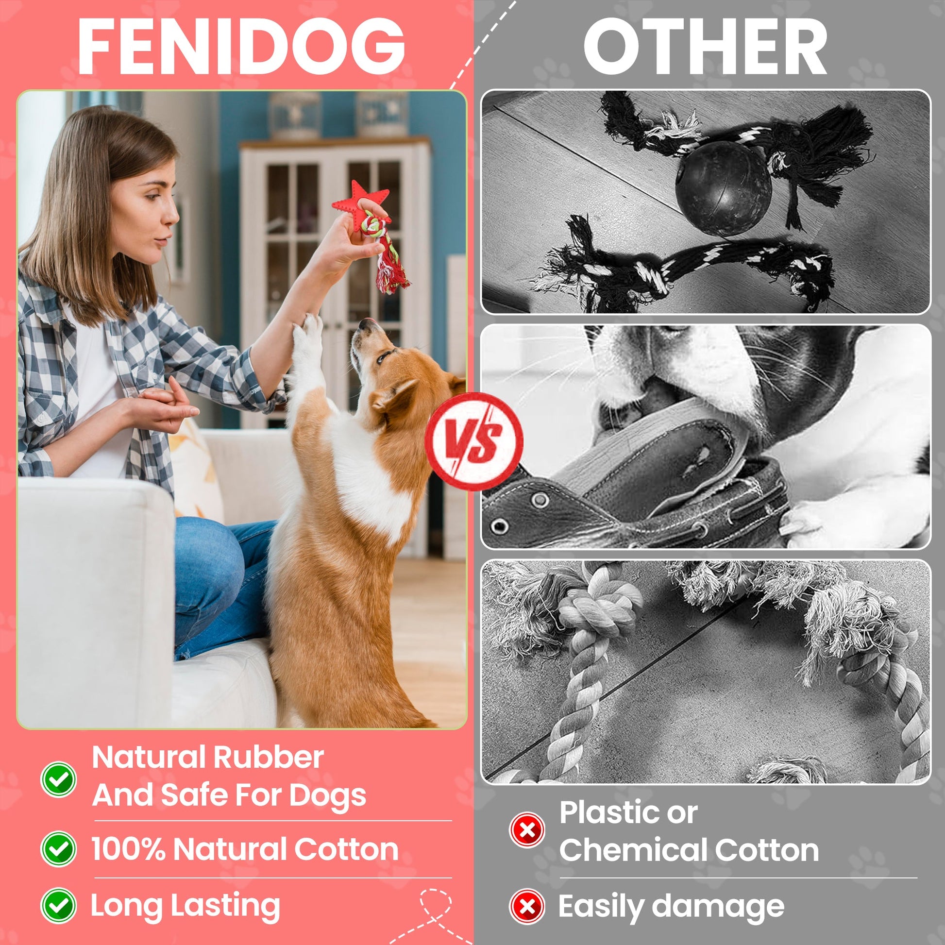 FENIDOG Puppy Chew Toy with Rope – Teething Relief, Natural Rubber & Fun Play - Fenidog