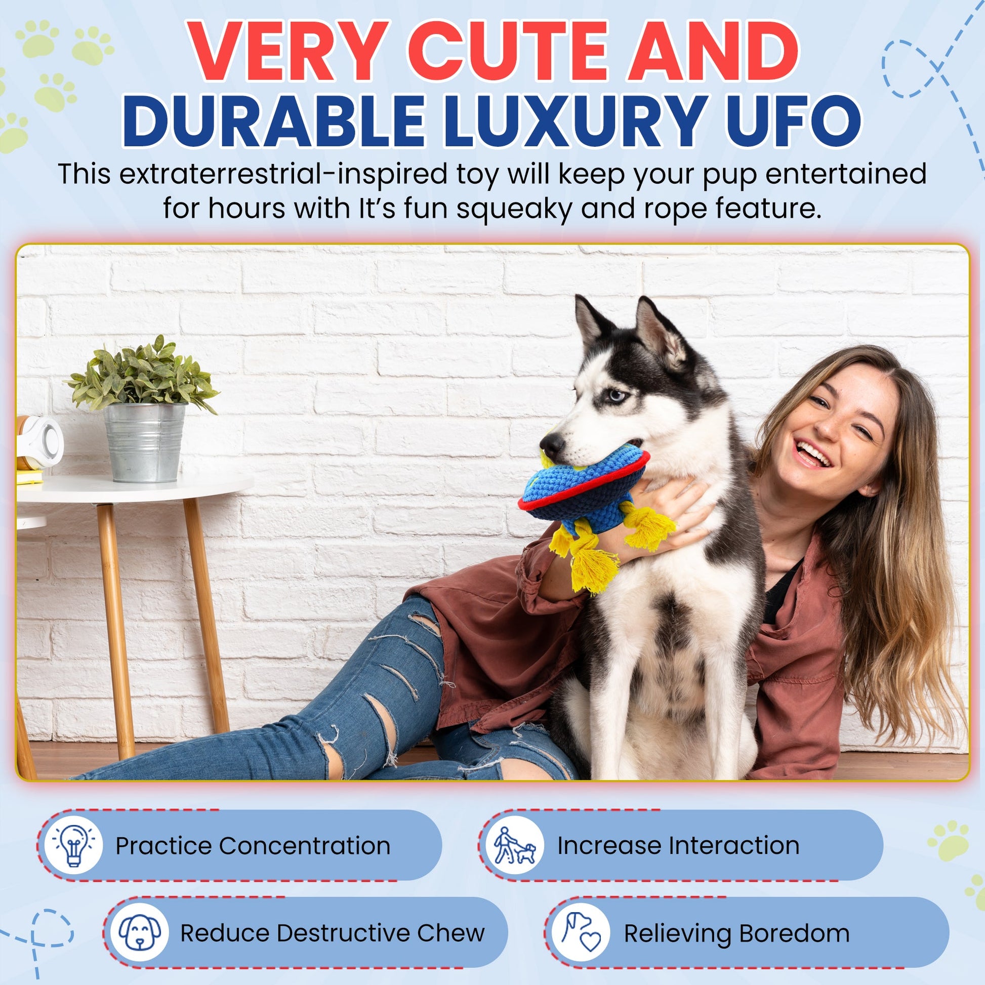 Fenidog Zog the Extraterrestrial squeaky plush interactive dog toy. Cute and durable Luxury UFO. - Fenidog