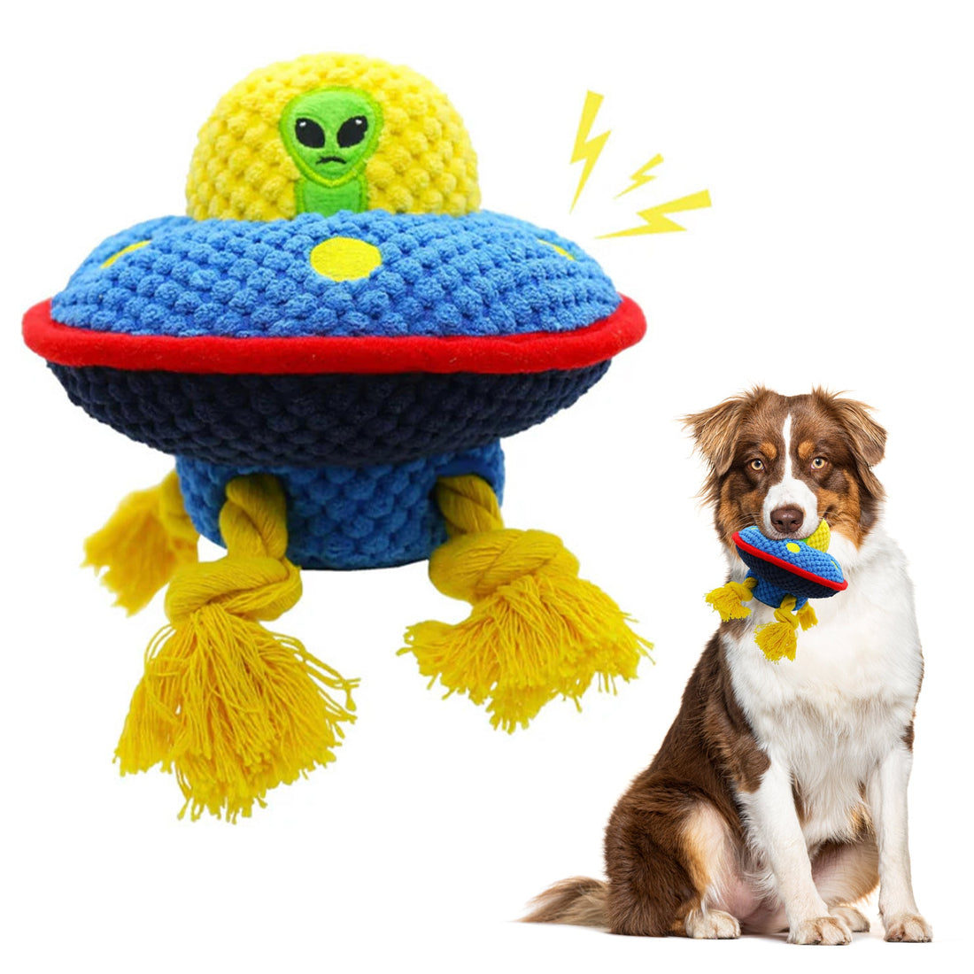 Fenidog Zog the Extraterrestrial squeaky plush interactive dog toy. Cute and durable Luxury UFO. - Fenidog