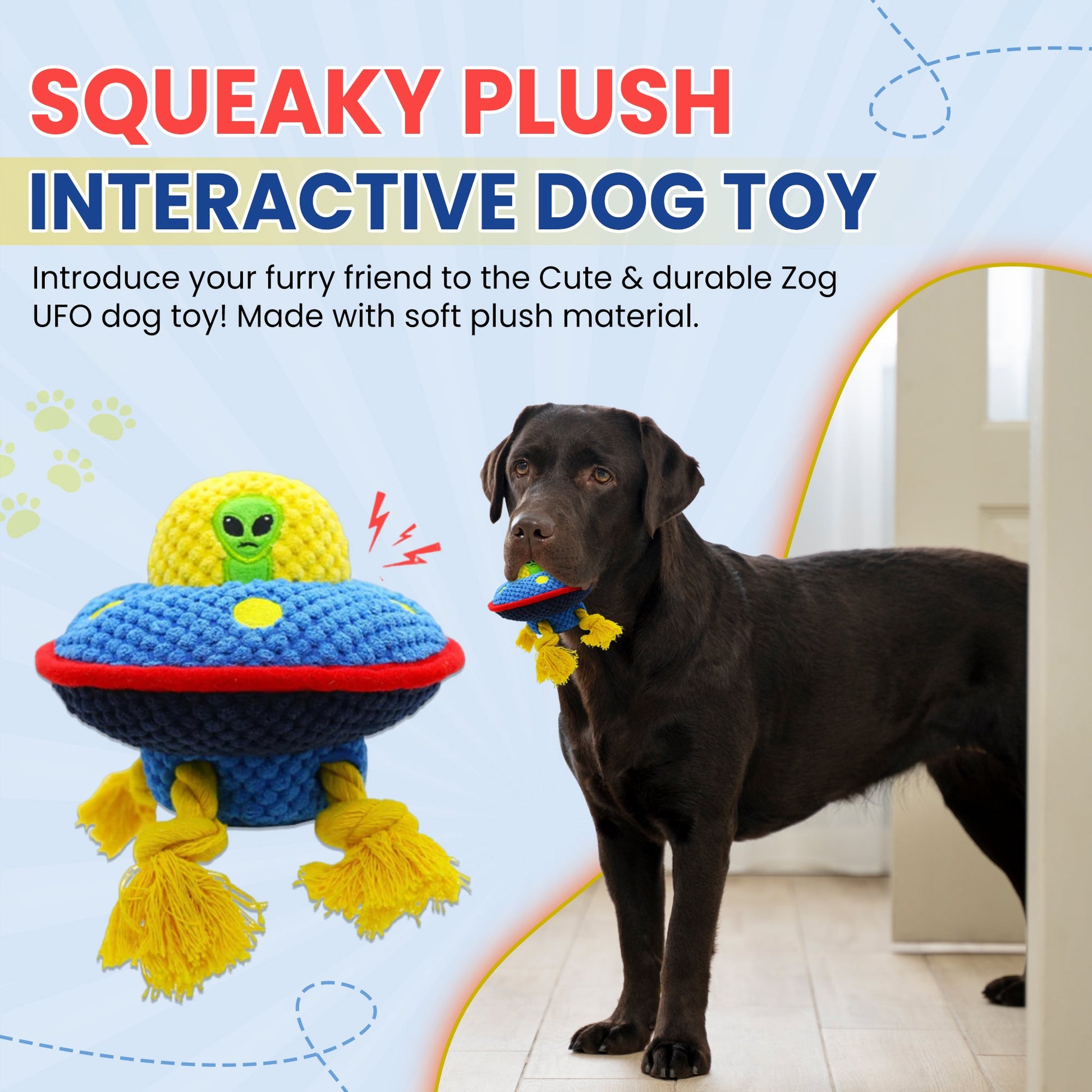 Fenidog Zog the Extraterrestrial squeaky plush interactive dog toy. Cute and durable Luxury UFO. - Fenidog