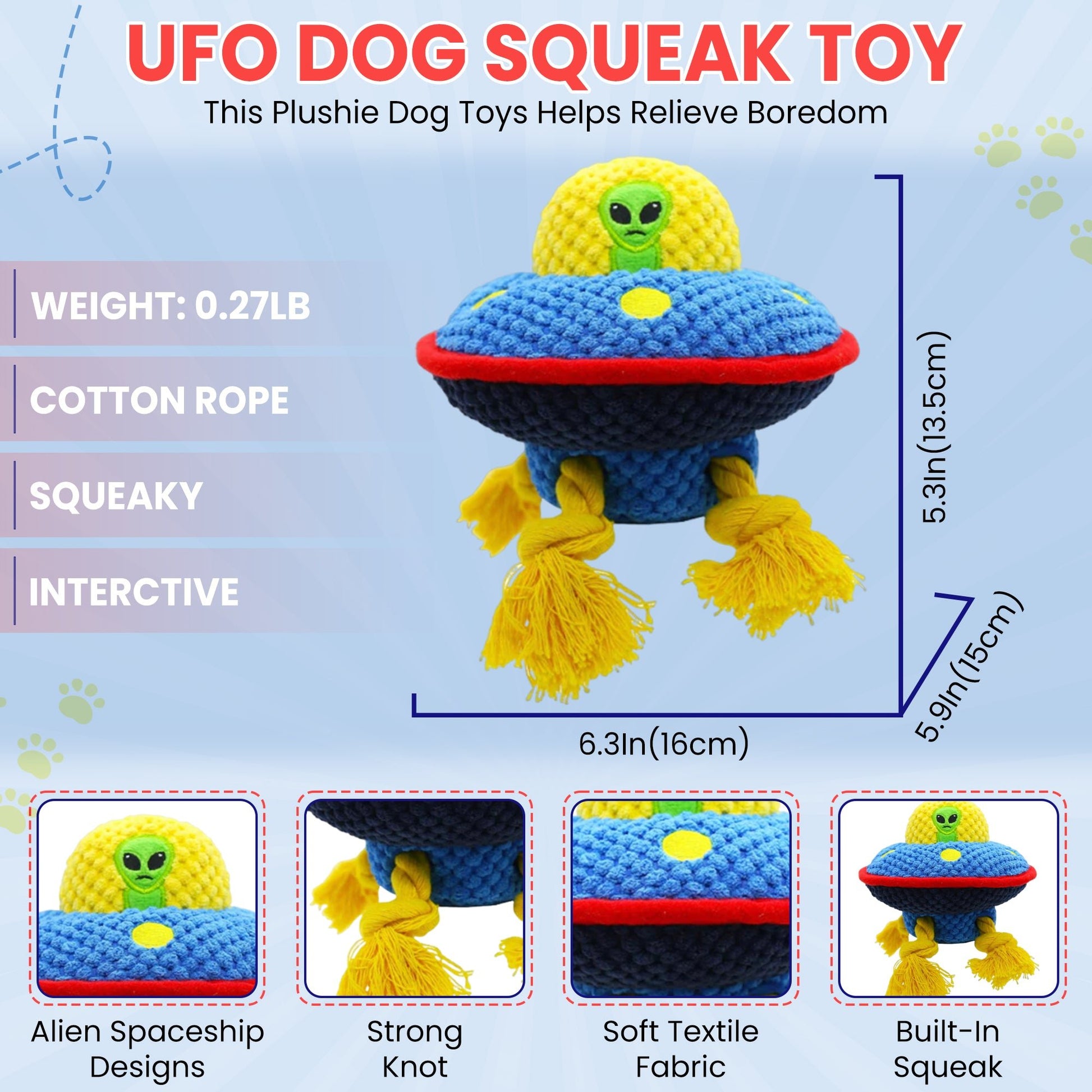 Fenidog Zog the Extraterrestrial squeaky plush interactive dog toy. Cute and durable Luxury UFO. - Fenidog