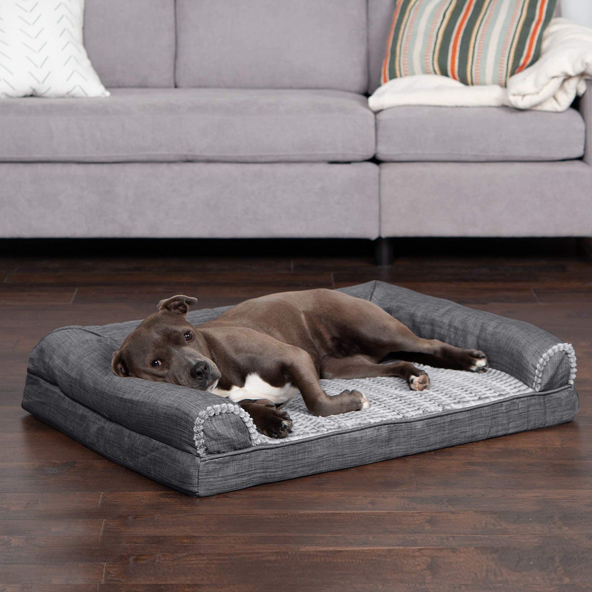 Furhaven Dog Bed Sofa Charcoal, Large W/Same Size Waterproof Liner - Fenidog