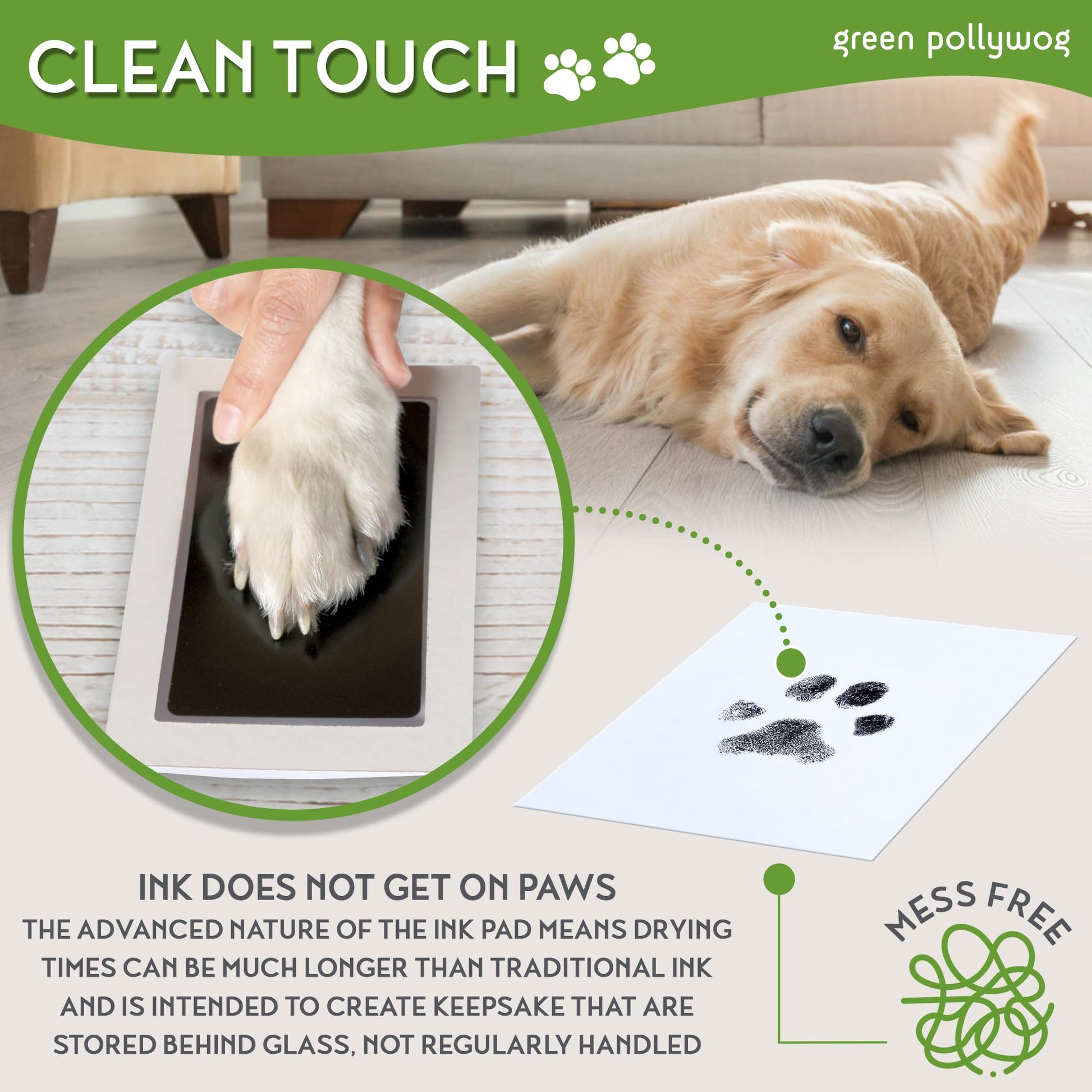 Green Pollywog Paw & Nose Print Kit – No - Mess Ink Pad Keepsake for Dogs & Cats - Fenidog