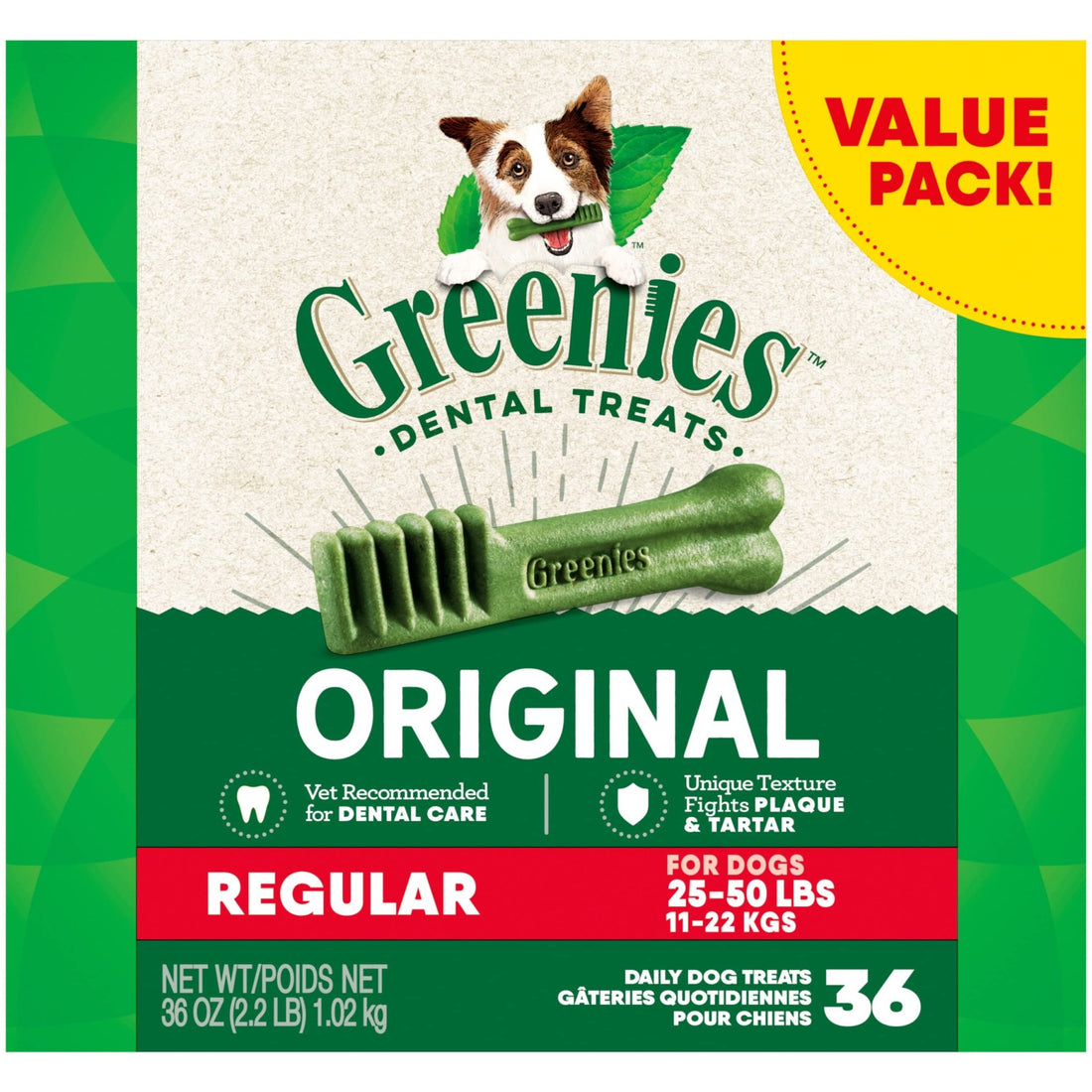 Greenies Original Regular Dental Dog Treats, 36 oz. Pack (36 Treats) - Fenidog