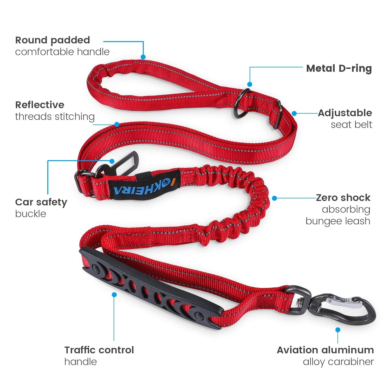 IOKHEIRA Multifunctional Dog Leash – Adjustable 4–6ft Bungee Lead with Built - In Car Seatbelt (Red) - Fenidog