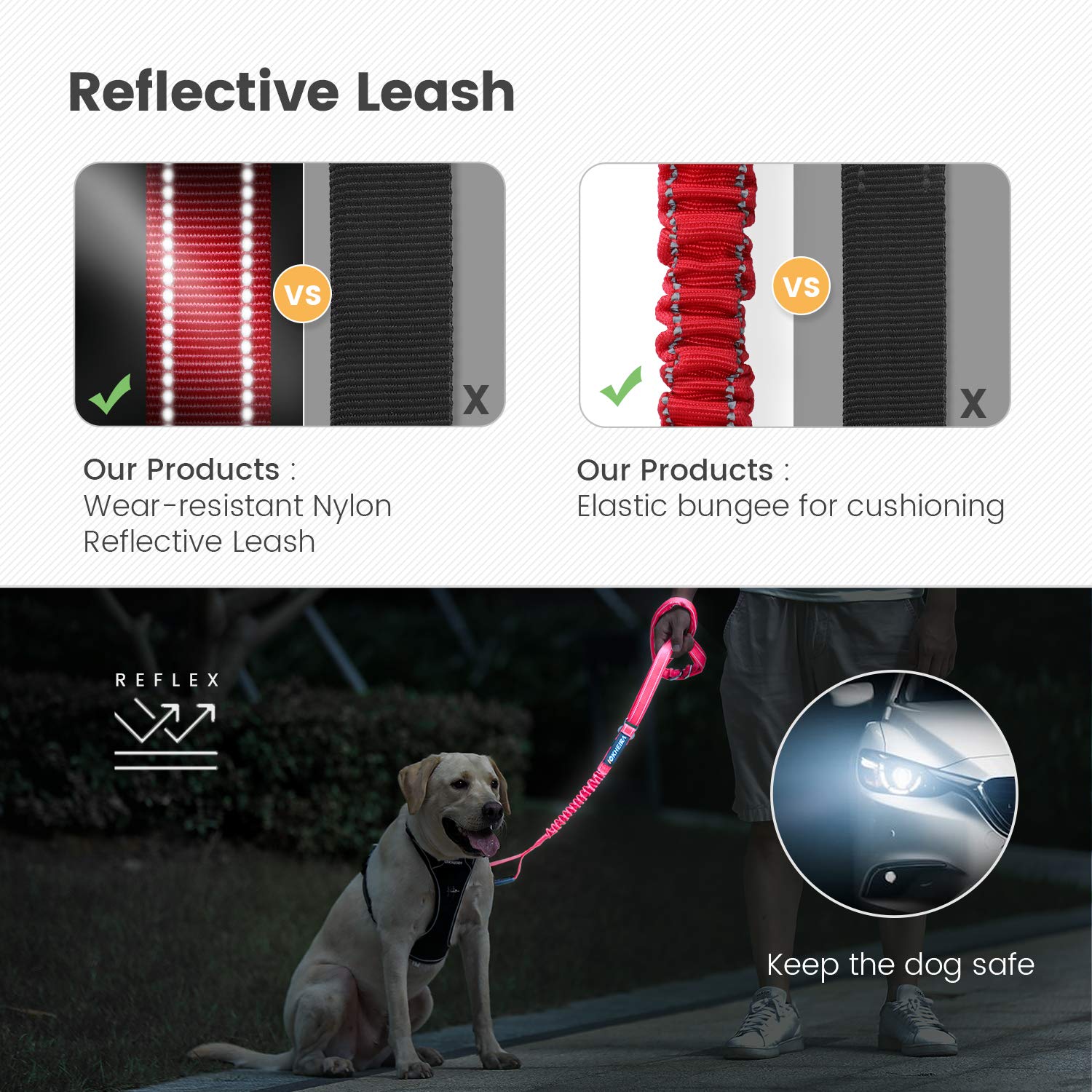 IOKHEIRA Multifunctional Dog Leash – Adjustable 4–6ft Bungee Lead with Built - In Car Seatbelt (Red) - Fenidog