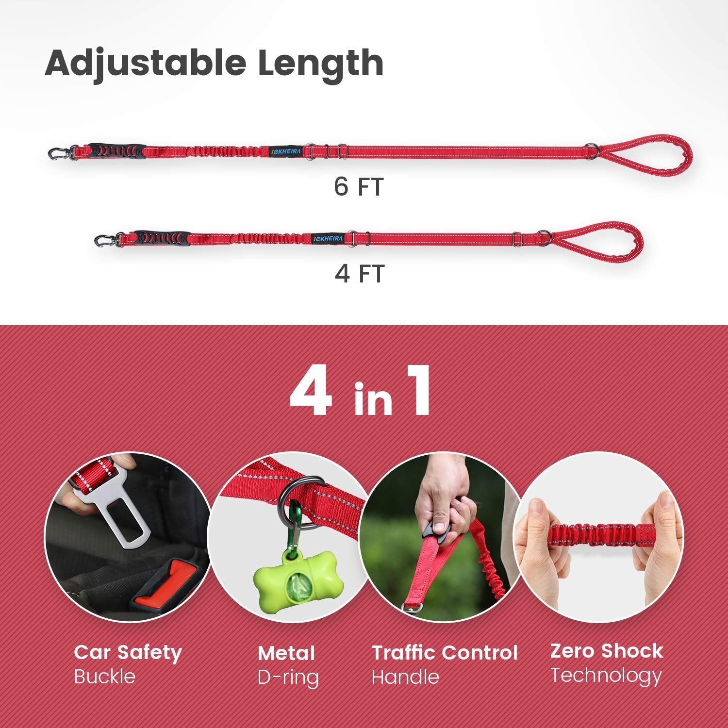IOKHEIRA Multifunctional Dog Leash – Adjustable 4–6ft Bungee Lead with Built - In Car Seatbelt (Red) - Fenidog