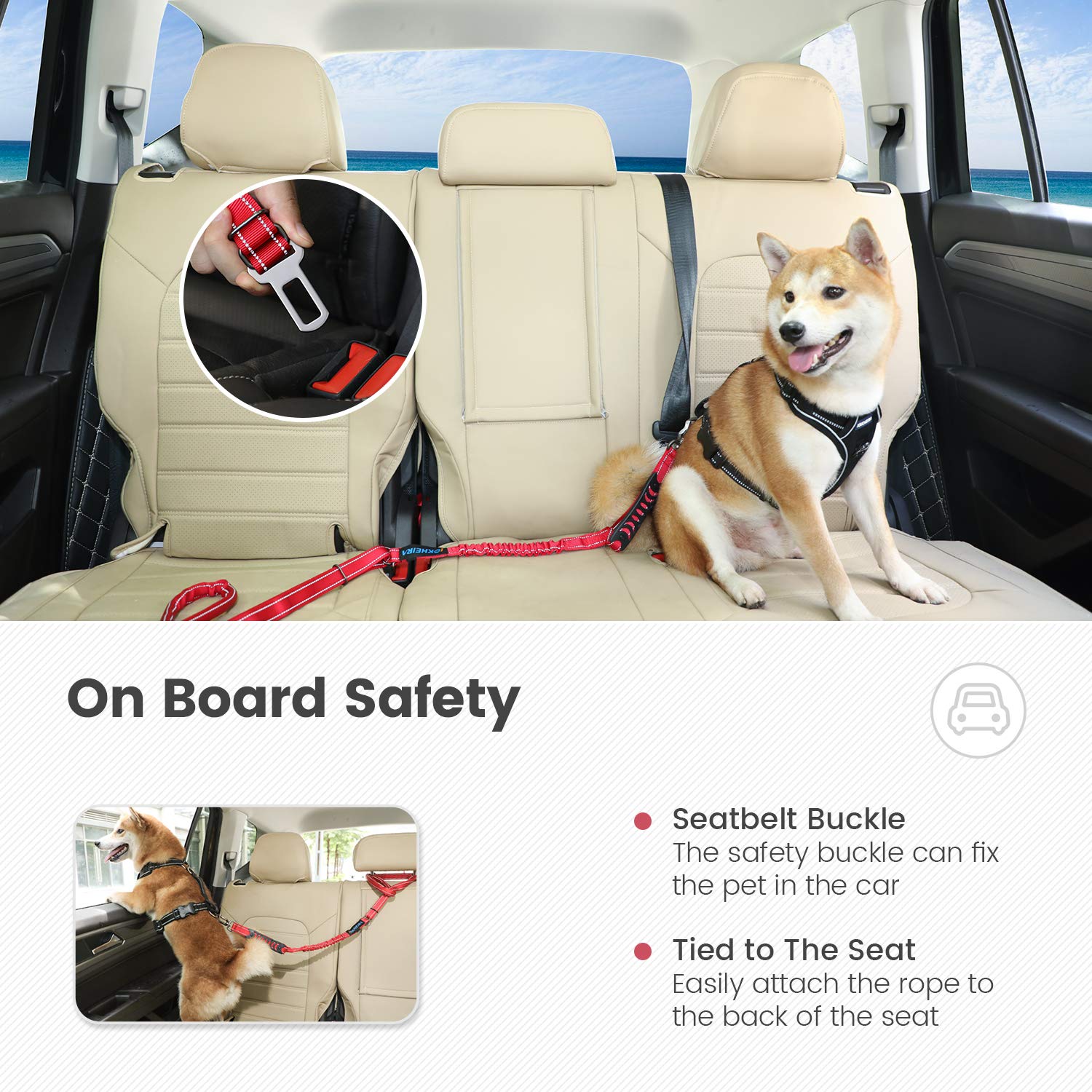 IOKHEIRA Multifunctional Dog Leash – Adjustable 4–6ft Bungee Lead with Built - In Car Seatbelt (Red) - Fenidog