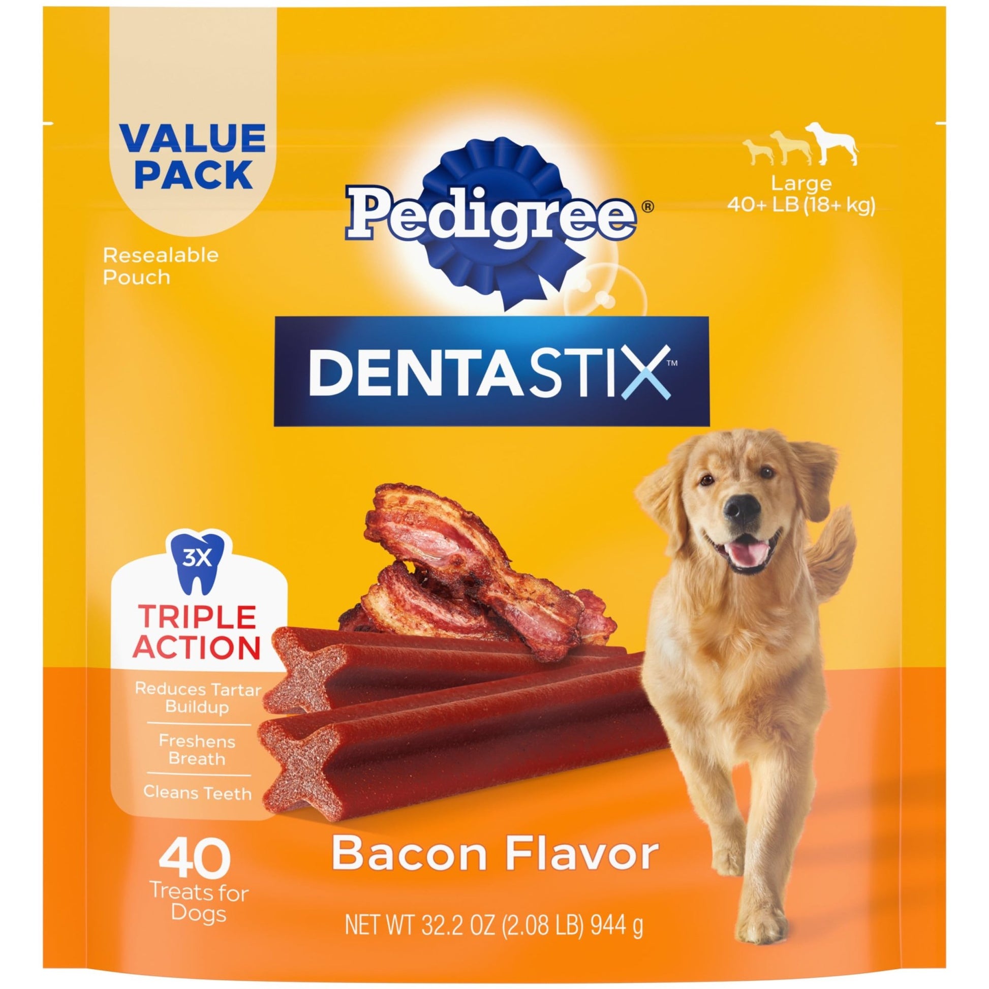 Pedigree Dentastix Large Dog Treats, Bacon Flavor, 2.08 lb. Bag (40 Treats) - Fenidog