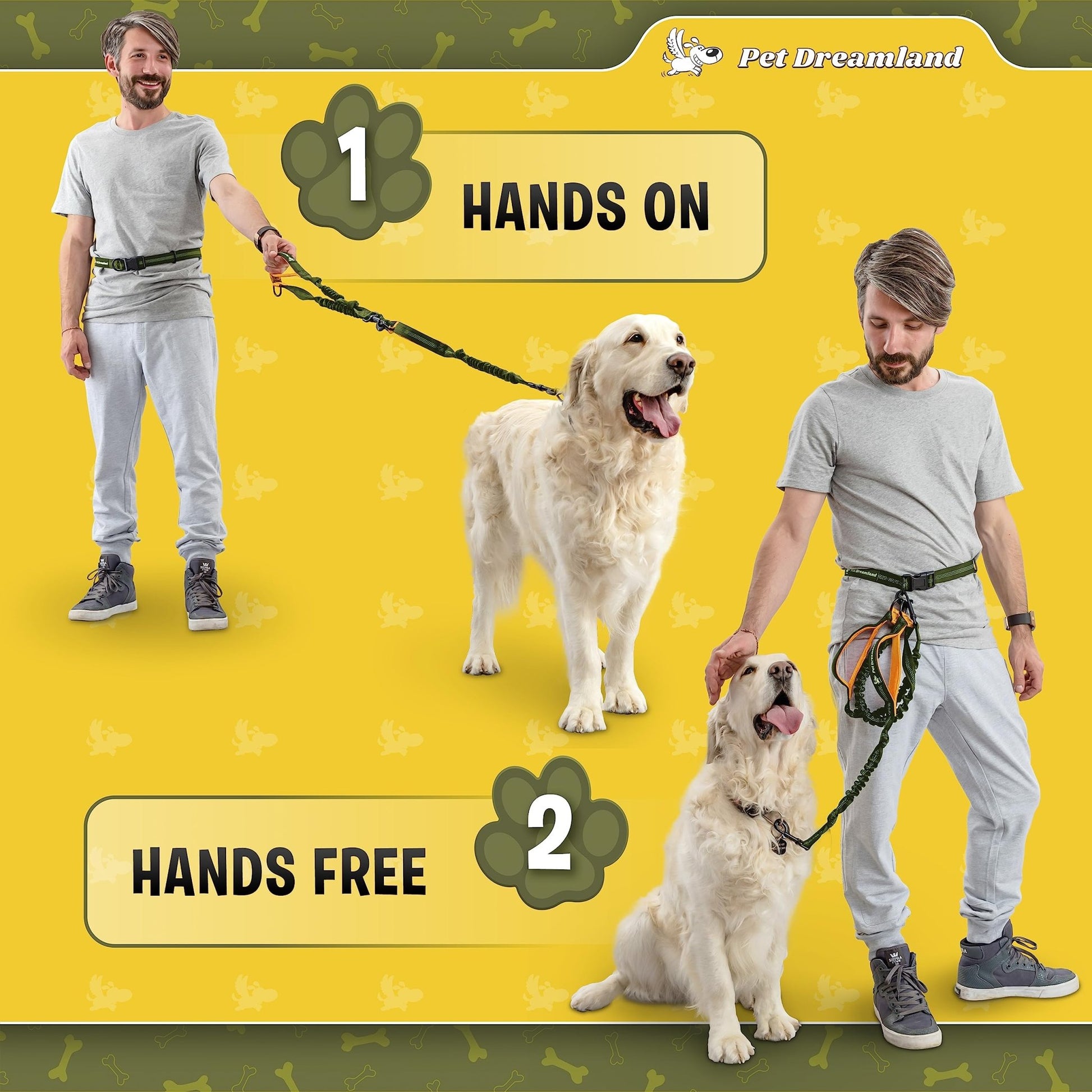 Pet Dreamland Hands - Free Dog Leash – Waist Belt Lead for Large Dogs (Khaki & Orange) - Fenidog