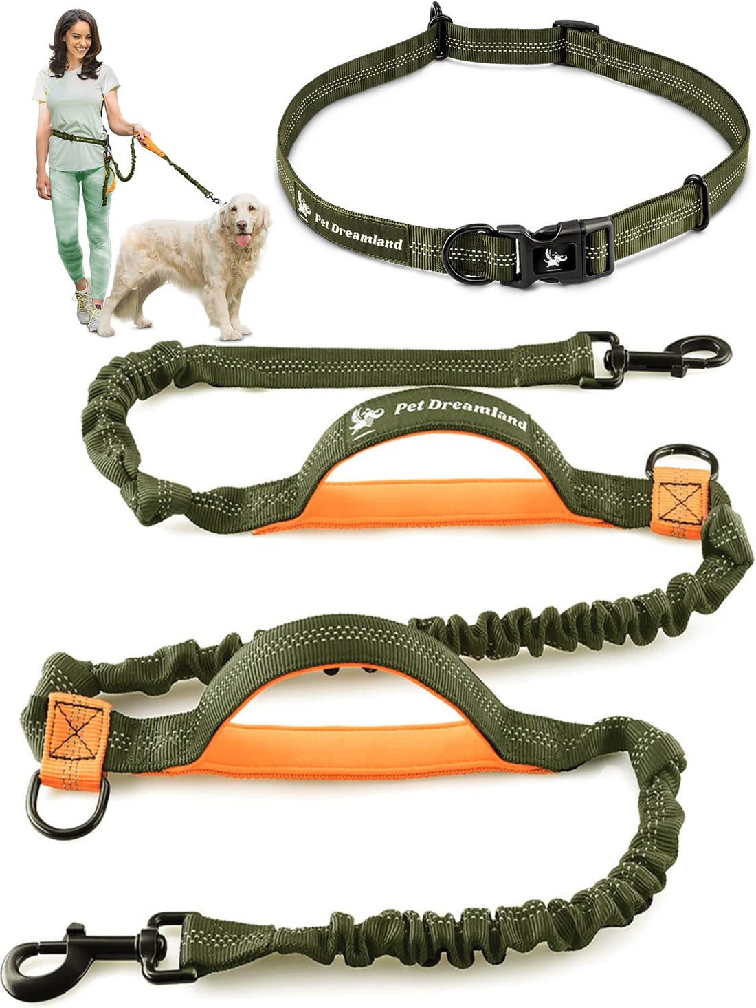 Pet Dreamland Hands - Free Dog Leash – Waist Belt Lead for Large Dogs (Khaki & Orange) - Fenidog