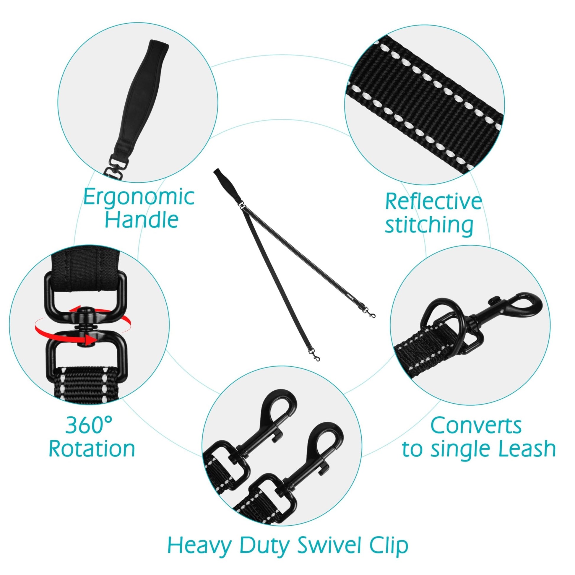 PetBonus Two - Point Control Dog Leash – No - Tangle Reflective Lead for Medium & Large Dogs (Black) - Fenidog
