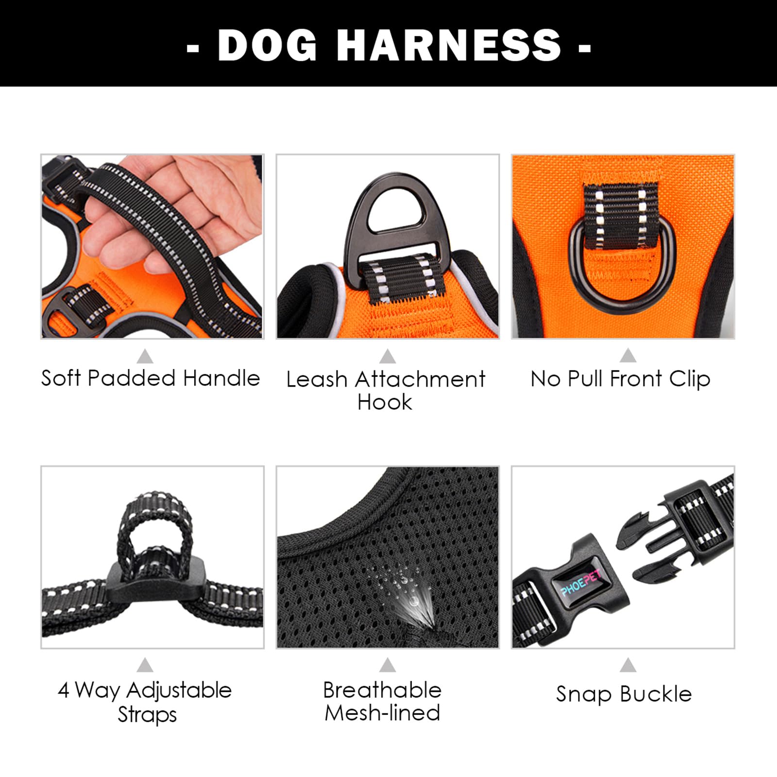 PHOEPET No - Pull Dog Harness – Medium Reflective Vest with Handle & Dual Metal Rings (Orange, M) - Fenidog