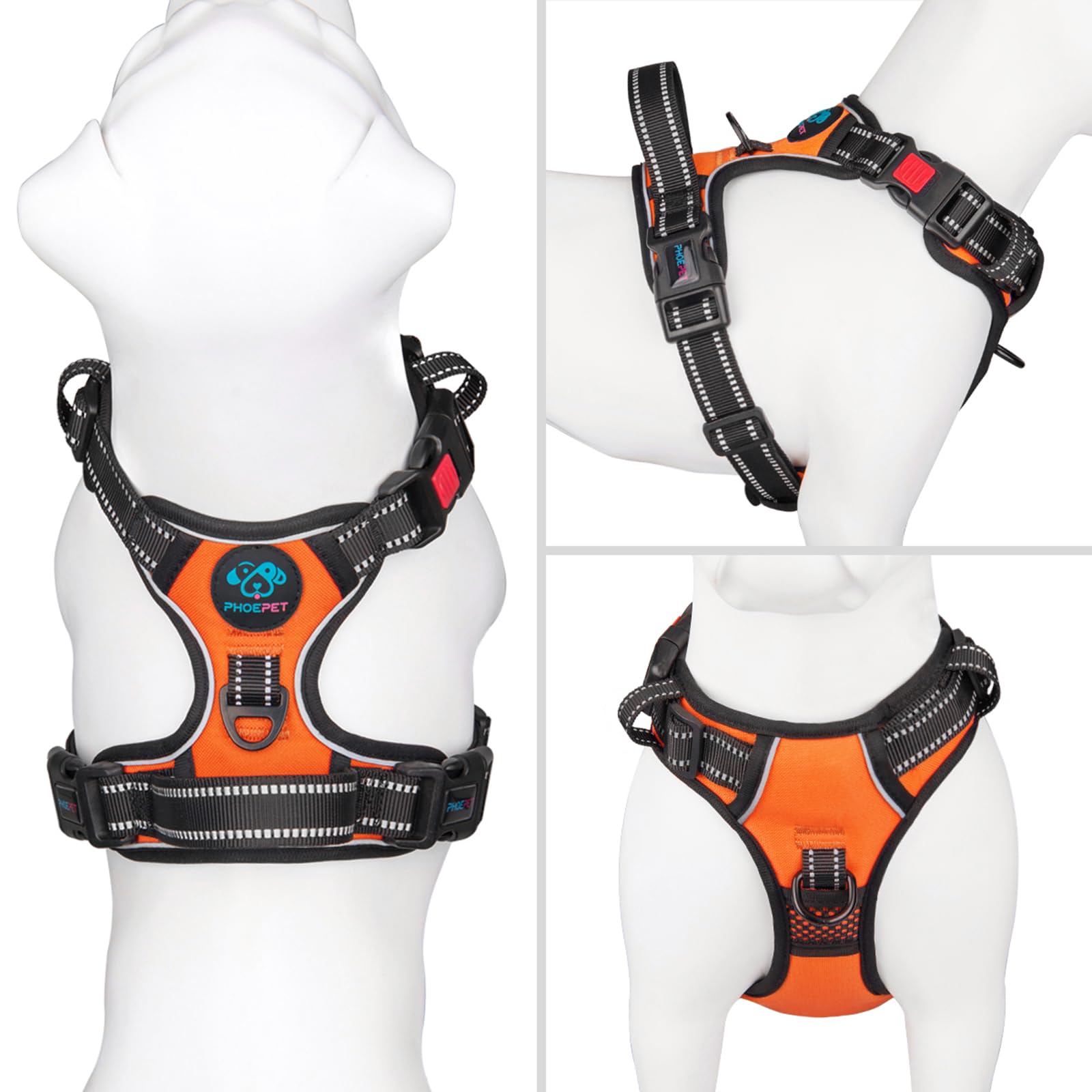 PHOEPET No - Pull Dog Harness – Medium Reflective Vest with Handle & Dual Metal Rings (Orange, M) - Fenidog