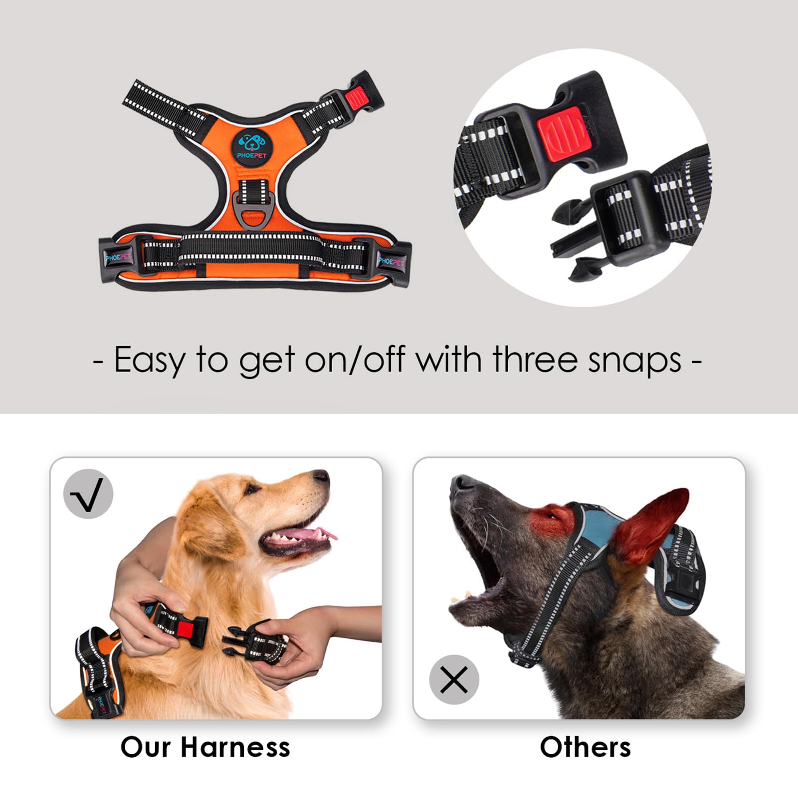 PHOEPET No - Pull Dog Harness – Medium Reflective Vest with Handle & Dual Metal Rings (Orange, M) - Fenidog