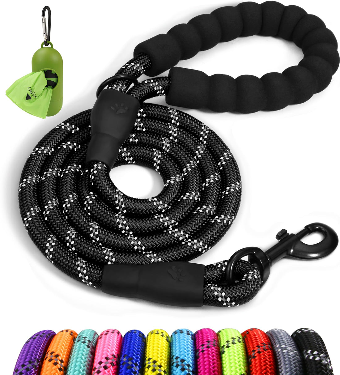 Taglory Rope Dog Leash 6 FT with Comfortable Padded Handle, Highly Reflective Threads Leash for Medium Large Dogs, 1/2 inch, Black - Fenidog